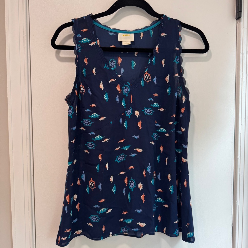 Maeve Sleeveless Blouse Turtle Terrapin Print Scalloped Trim Casual Top‎ Size 4